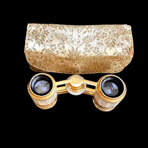 Antique Opera Glasses Gold & Mother-Of-Pearl, Embossed Satin Case Circa 1880-191 - Picture 2 of 16